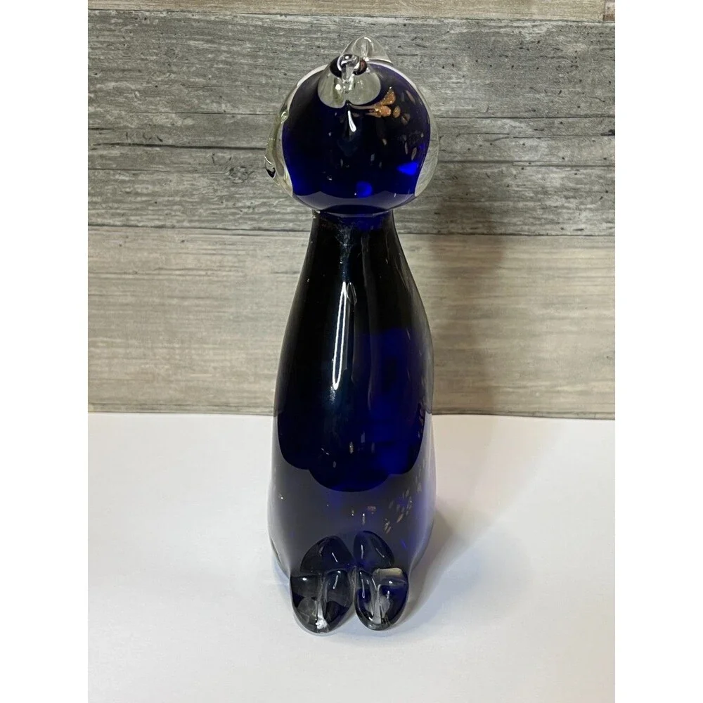 Vintage Art Glass Cobalt Blue and Clear Cat Figurine Gold Copper Flakes Inside